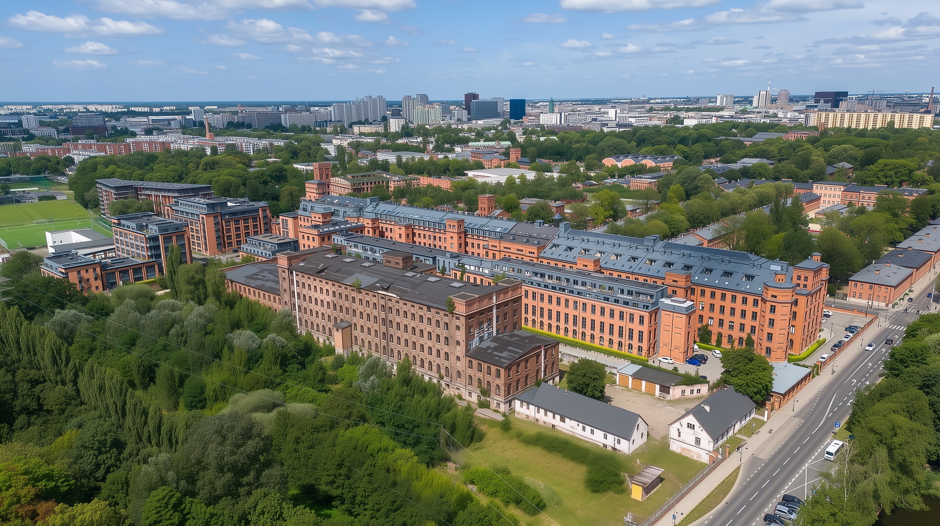 Daytime aerial panorama of the whole Prestia factory complex in Łódź against the city skyline